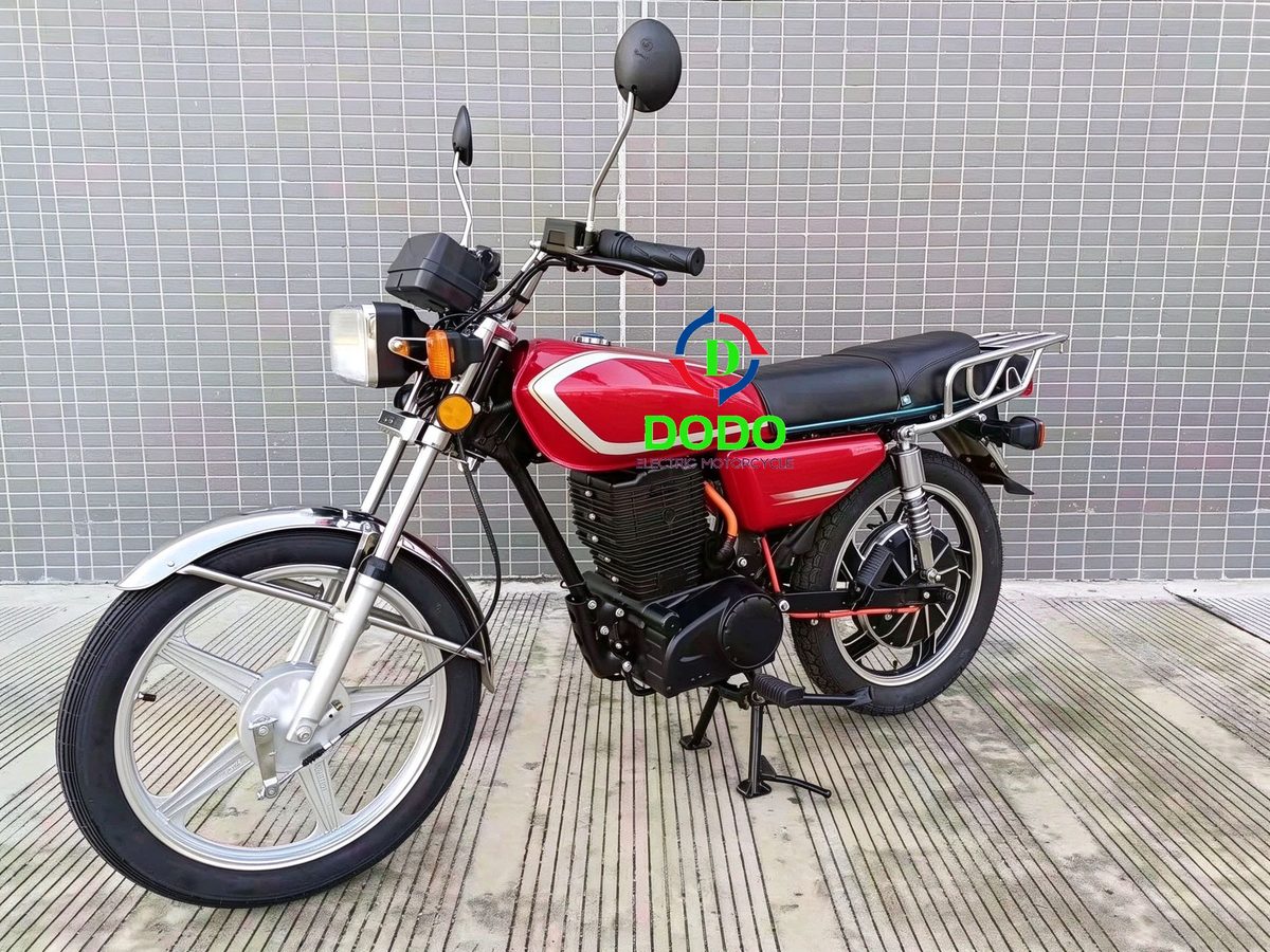 Red DODO electric CG125-style motorcycle, front three-quarter view