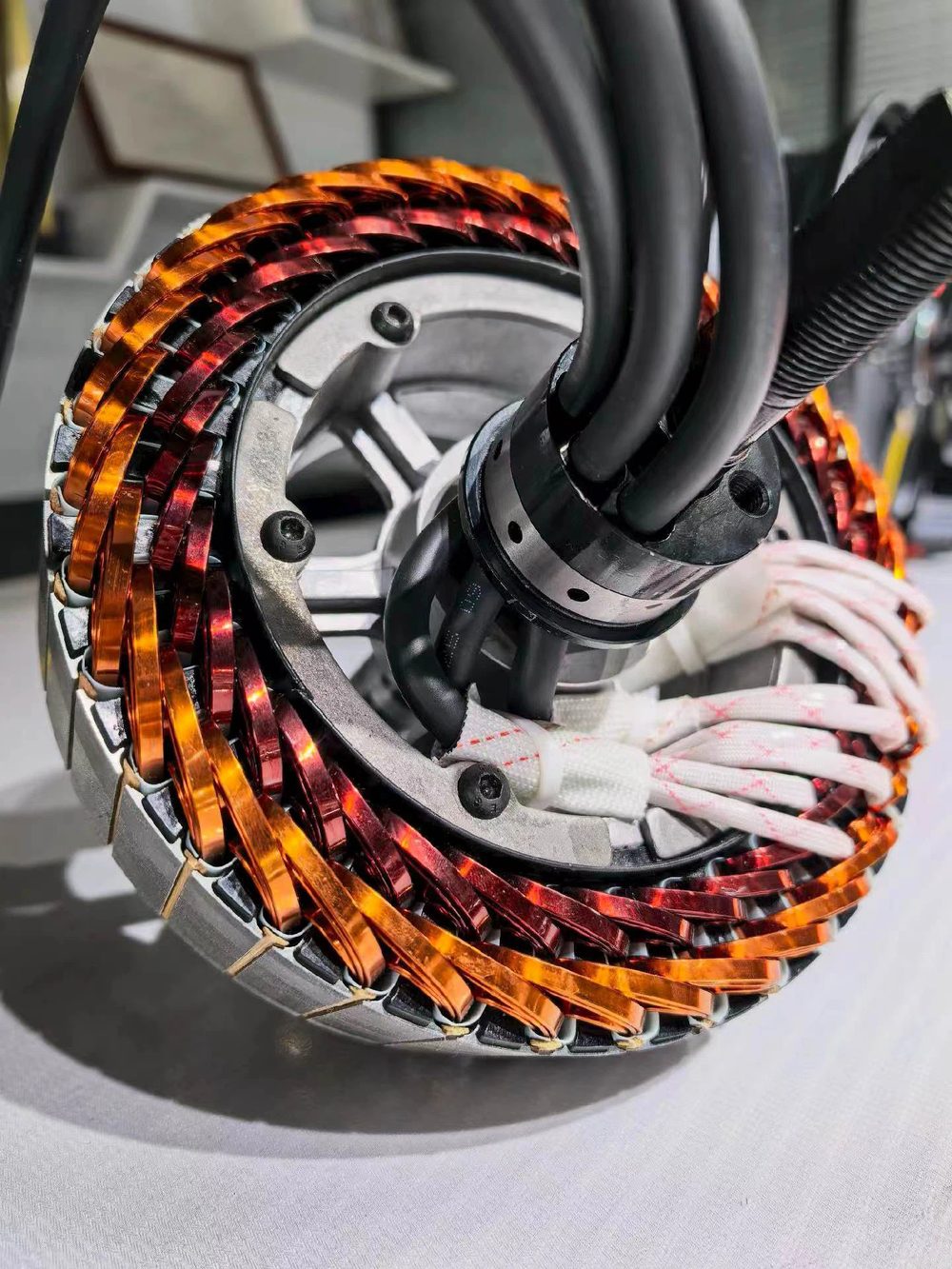 Close-up of a wound stator with flat copper windings