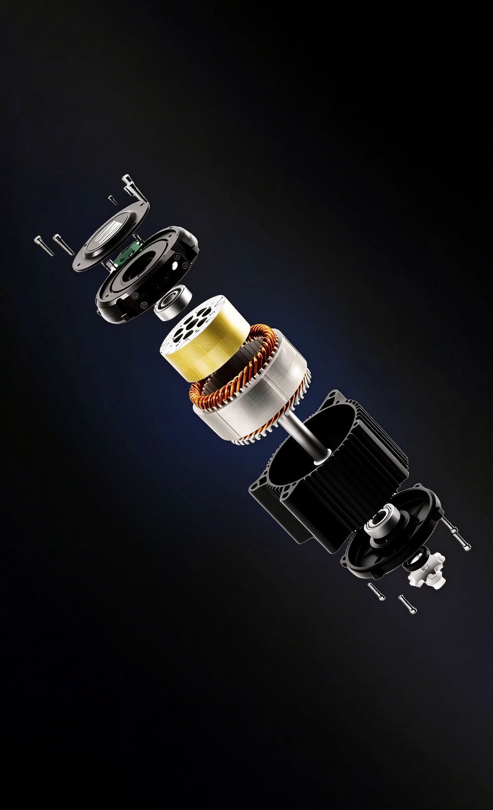 YM-120 mid-drive hairpin motor exploded view and specification poster